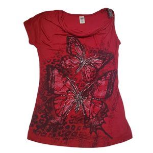 HYBRID Sparkly Butterfly Cowl Neck Top Red Cheetah Print Glitter